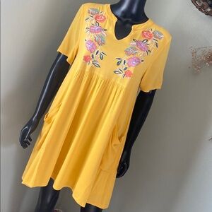 JODIFL Yellow Mini Dress with Floral Embroidery & POCKETS!